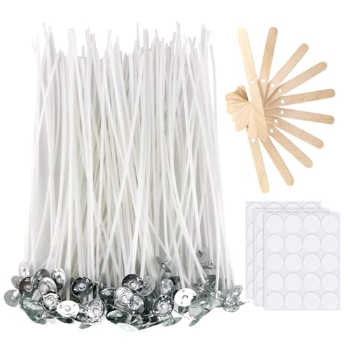 HASTHIP® DIY Candle Making Tool Kit with 100 Pcs 6 inches Candle Wicks, 60cs Candle Wick Stickers, 10 Pcs Wooden Candle Wick Holders Candle Wicks Tool Kit for DIY Candle Making Scented Candles