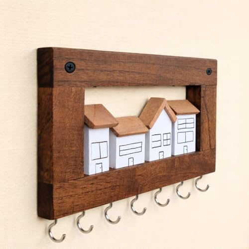Image of 'Village' Hand Painted Wooden Key Holder for Home Stylish Decor(7hooks) Real Wood. Key Hangers for wall Key Holder Stand Key Stand for wall Keychain Holder for wall