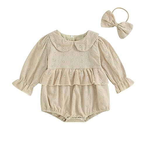 Image of PUHHAPIEY Baby Girl Cotton Linen Romper Ruffle Long Sleeve Bodysuit Newborn Infant Onesie Playsuit + Headband Fall Clothes (E Beige, 3-6 Months)
