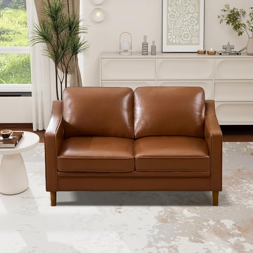 Image of Kingfun 60 inch Faux Leather Sofa, Loveseat Couch, Mid Century Modern Love Seat Couches with Solid Wood Frame for Living Room Bedroom