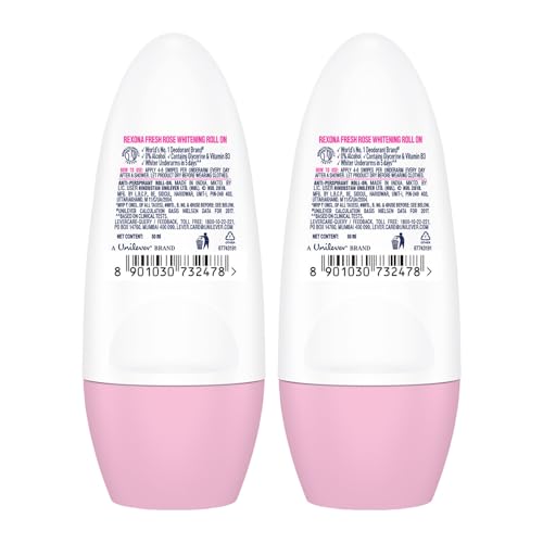 Image of Rexona Fresh Rose Even Skin Tone Underarm Roll-On Deodorant for Women | 48-Hour Odour Protection, 0% Alcohol | 50ml (Pack of 2)