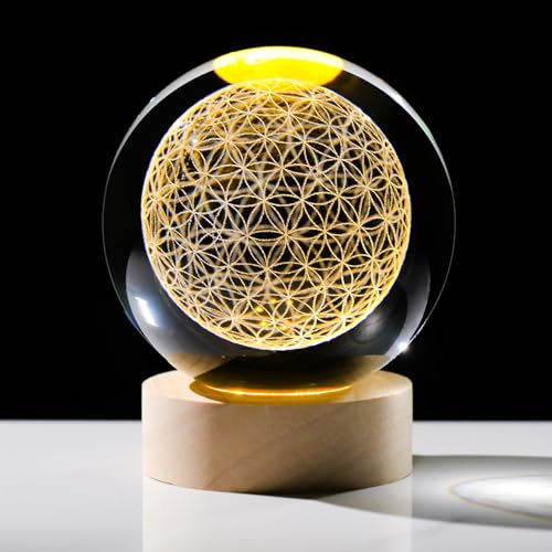 Arikyrist 3D Engraved Flower of Life Crystal Ball, Laser Engraved Grid Flower of Life Sphere Home Decoration, Crystal Engraved Sacred Geometry Glass Sphere Paperweight Ornaments Gifts for Men Women