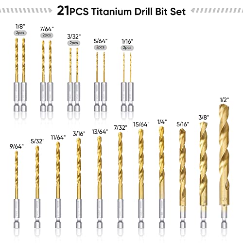 Ticonn TICONN-521 21 Pcs Titanium Coated Drill Bit Set With Hex Shank thumb #1
