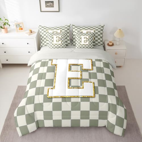 Image of Erosebridal Sage Green Checkered Queen Bed in A Bag 7 Piece Plaid Initial E Comforter Set with Sheets Personalized Monogram Bedding Sets for Kids Adults,Fashion Grids Gingham Bed Set
