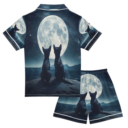 ALAZA Dog Moon Night Satin Pajamas Set Short Sleeve Button Down Sleepwear Summer Pjs 2 Piece2