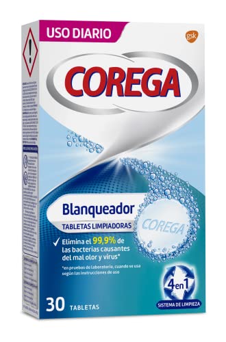 Corega Blanqueador Tabletas Limpiadoras Para Prótesis Dentales, Elimina las Manchas, Uso Diario, 30...