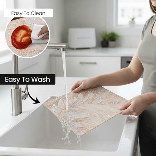 Image of Yellow Weaves 1 Pc PVC Table Placemats, Dining Table Mat, Stain Resistant, Anti-Skid, Waterproof, Washable, Dining, Kitchen, Restaurant Table Set Easy to Clean, Durable (Feather Rose Gold)
