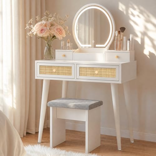 Brafab Small Vanity Desk with Stool for Bedroom Boho Rattan Compact Makeup Vanity Table with 3 Modes Adjustable LED Mirror 31 Space Saving Dressing Table Vanity Set White