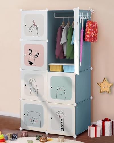 Image of CoolLeaf Plastic Wardrobe for Kids, Cupboard for Bedroom with 8-Cubes Sheets and Hanging Rail, Almirah Plastic for Baby Clothes /Toys /Books, Blue Cartoon