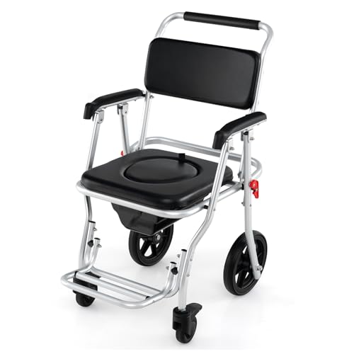 UJOYPAYD 4 in 1 Bedside Commode Chair,Foldable Commode Wheelchair for Toilet with Arms,2 Lockable Casters,Detachable Bucket, Toilet Shower Seat Bathroom Rolling Shower Chair for Adults Seniors