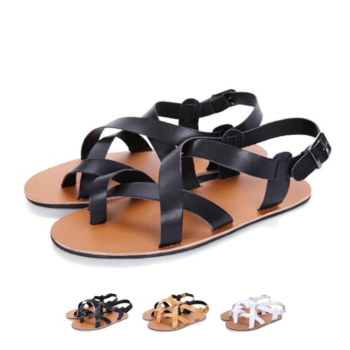 Men's Leather Thong Hollow Gladiator Sandals with Adjustable Buckle Strap Summer Casual Cross Strappy Low Top Flat Roman Sandals Outdoor Comfy Beach Shoes