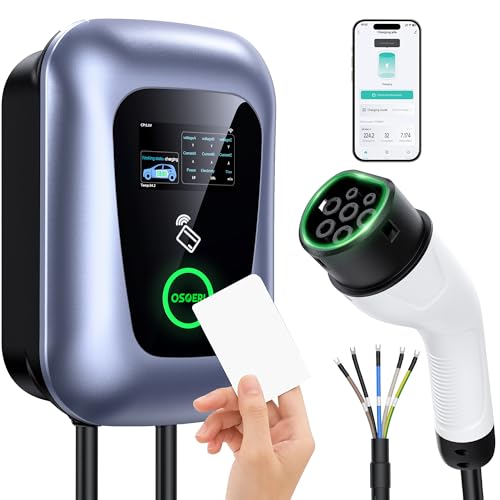 osoeri borne de recharge véhicules Électrique, ev chargeur monophasé ou triphasé câble de type 2 de 5m avec contrôle rfid et app, 32a station de charge standard iec 62196 2 pour ménage, 7.36 22kw