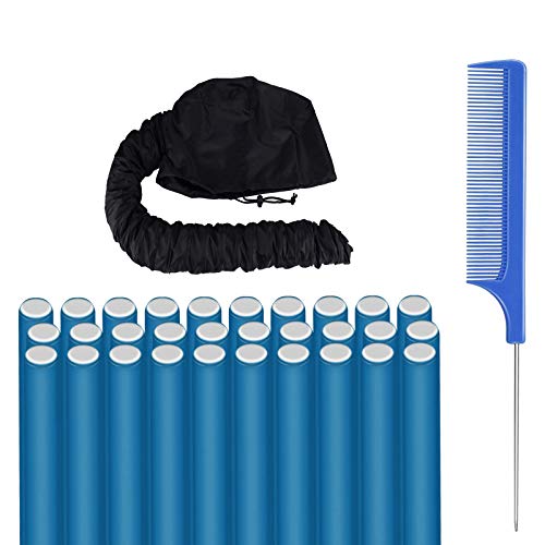 DKAF 30 Pcs Flexi Twist Foam Hair Curling Rods with Hair Dryer Bonnet Attachment and Rat Tail Comb, 9.45x0.47 Soft No Heat Hair Rods Rollers(Blue)