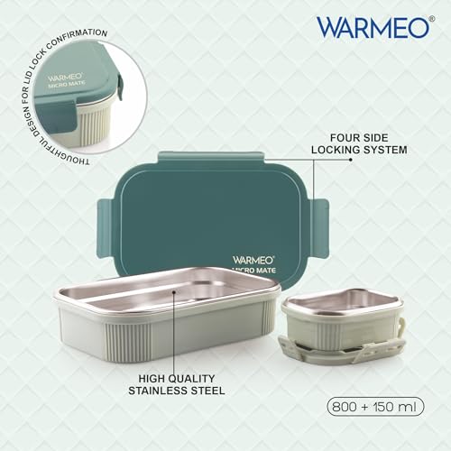 Image of WARMEO MICROMATE Microwave-Safe Stainless Steel Lunch Box, Bpa Free, Perfect for Office, School, Travelling, Combo(800ml+150 ml),Green
