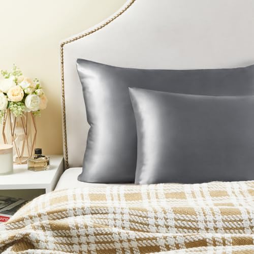 BEDELITE Satin Pillowcase with Zipper 4 Pack, Dark Grey Pillow Cases Queen Size, Super Soft and Cooling Similar to Silk Pillow Cases, Gift for Women Men(20x30 Inches)
