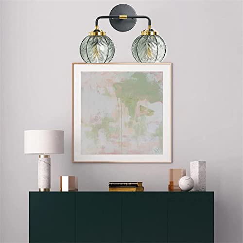 Qufute Glass Wall Mount Light 2-Light Black Bathroom Wall Light Fixtures Green Ribbed Glass Shade Mid Century Modern Wall Sconce Lamp For Over Mirror Bedroom Hallway (2-Head) #TOP3