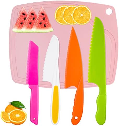 AKlamater 5PCS Kitchen Safety Knives for Kids, Children's Cooking Knives in 4 Sizes, Plastic Rectangle Cutting Board for Vegetables, Fruits, Salad, Cake