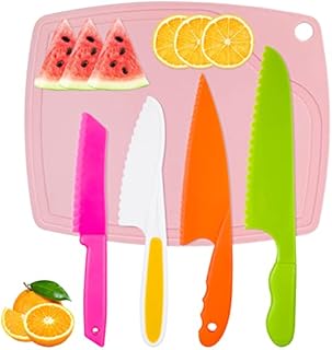 AKlamater 5PCS Kitchen Safety Knives for Kids, Children's Cooking Knives in 4 Sizes, Plastic Rectangle Cutting Board for Vegetables, Fruits, Salad, Cake