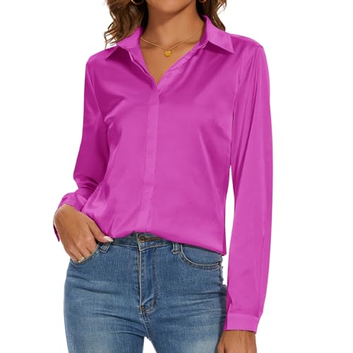 Women's Silk Blouse Long Sleeve Lady Shirt Casual Office Work Blouse Button-Down Shirts Tops(Hot Pink,S)