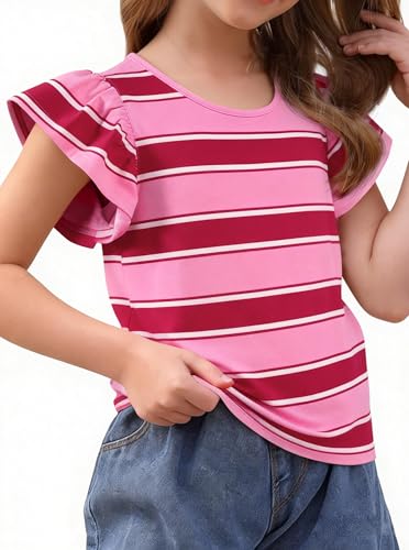 Image of Girls Striped Shirt Flutter Sleeve Top Crewneck Cute Summer T Shirts Casual Tees Red Pink 7-8 Years
