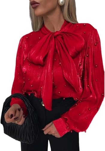 Camisa Elegante de Oficina de satén con Cuello de Lazo y Manga Larga para Mujer Blusa Elegante de Gasa con Botones y puños y Cuello de Lazo para Primavera (Rojo,XL)