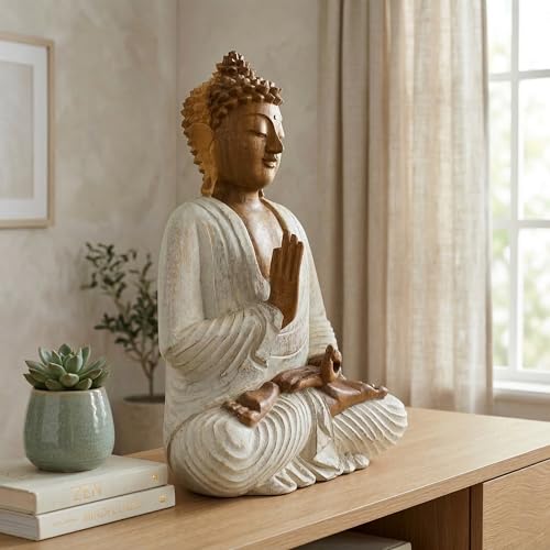 Estatua de Buda de madera tallada 16 in blanco lavado miniatura 4