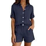 Generisch Damen Leinen Baumwolle Set Zweiteiliges Kurzarm Hemd Shorts Einfarbig Locker Passform Freizeit Strand Alltag Bequem Atmungsaktiv Casual Hose Mit Taschen (Navy, M)
