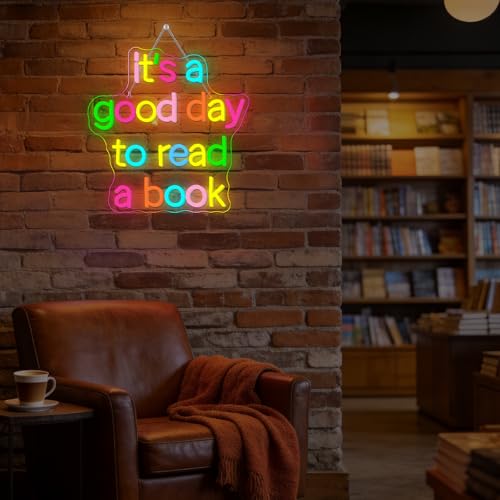 Image of Book Neon Sign for Classroom, Bedroom Reading Wall Sign LED Neon Light for Book Lovers USB Powered Dimmable Reading Nook Decor with Colorful Glow It's a Good Day to Read a Book