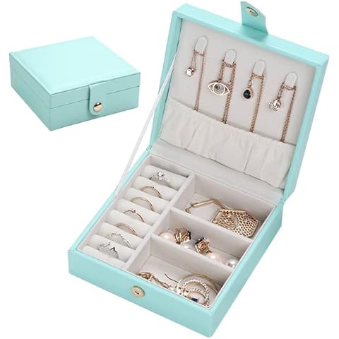 YIHAO Mini Jewelry Box, Portable Travel Leather Jewelry Organizer Box Display, Storage Organizer for Bracelets Earrings Rings Necklaces Watches, Blue Cover
