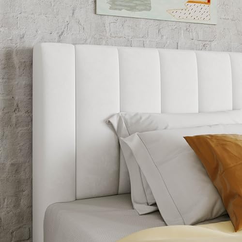 Image of Allewie Twin Bed Frame /Velvet Upholstered Bed Frame with Vertical Channel Tufted Headboard /Strong Wooden Slats /Platform Bed Frame /Mattress Foundation /Box Spring Optional /Easy Assembly /White