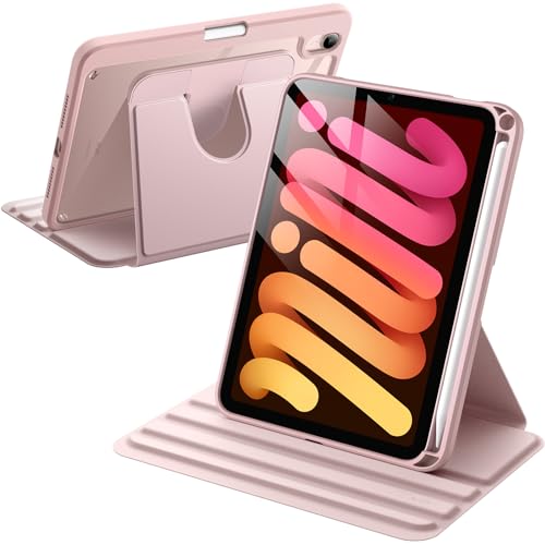 JETech Funda Giratoria para iPad Mini (A17 Pro, 2024 Modelo, 7.ª Generación) / Mini 6 (2021 Modelo, 6.ª Generación), Carcasa Soporte Rotación de 360 Grados Protectora Respaldo Clara (Rosado)