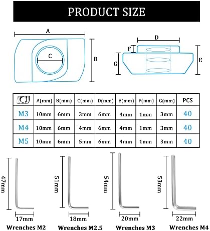YIXISI 124 PCS 2020 Series T Nuts, M3 M4 M5 T Slot Nut Hammer Head Fastener Nut Nickel Plated Carbon Steel Assortment Kit, with Wrenches 2 2.5 3 4 mm, for Aluminium Profile Extrusion European Standard