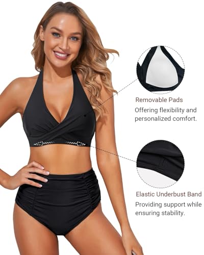 Holipick Women Halter Bikini Tops Push Up Bathing Suit Top V Neck Full Coverage Swimsuit Top Only2