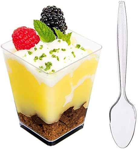 DLux 50 x 5 oz Mini Dessert Cups with Spoons, Square Large - Clear Plastic Parfait Appetizer Cup - Small Reusable Serving Bowl for Tasting Party Desserts Appetizers - With Recipe Ebook