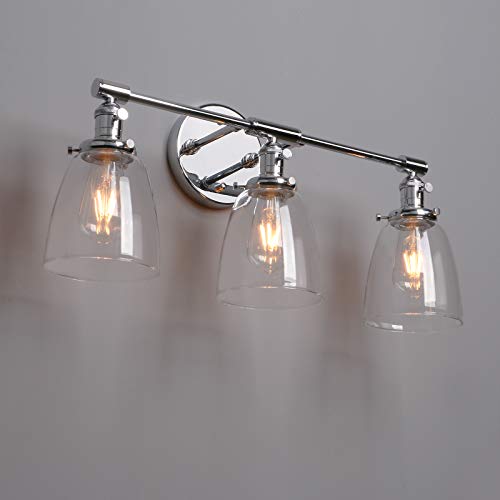 Image of Phansthy 3-Light Wall Sconces Antique Brass Vanity Light, Industrial Wall Lamps with On Off Switch and Clear Glass Lampshade, Vintage Wall Lighting for Bathroom Living Room (Chrome, Bell Shade)