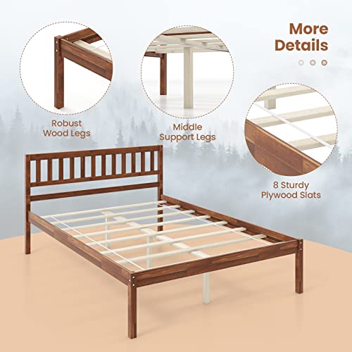 Image of GIANTEX Wood Full Size Bed Frame with Headboard, Mid Century Solid Wood Bed with Slat Support, No Box Spring Needed, Double Bed Frame with 16 inch Under Bed Storage, Walnut