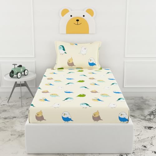 Image of LORETO - A QUALITY LINEN BRAND 186 TC 100% Pure Cotton Single Fitted Bedsheet with 1 Pillow Cover for 78 x 36 Inch Mattress, All-Around Elastic, 8 Inch Deep Pocket, Multicolor Birds