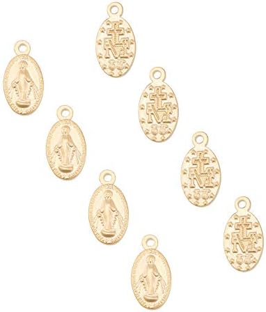 UNICRAFTALE 10pcs Golden Oval with Virgin Mary Charms 304 Stainless Steel Miraculous Metal Pendants 0.8mm Small Hole Charms for Jewelry Making DIY Necklaces