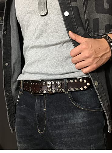Stylish Mens Studded Casual Cowhide Leather Belts for Jeans Punk Rock Rivets Belt with Buckle for Men,Brown,115CM/45.3''4