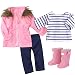 4 Piece Doll Outfit with Coat and Boots | Light Pink Parka, Navy Leggings, White and Blue Stripe T and Light Pink Rain Wellies for 18 inch Dolls