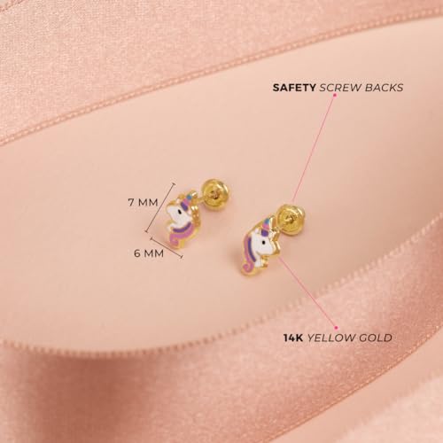14k Yellow Gold Pastel Enamel Unicorn Screw Back Earrings for Toddler Girls - Pretty Multicolored Jewelry For Little Girls Dress Up Games - Magical Unicorn Screw Back Earrings for Girls4