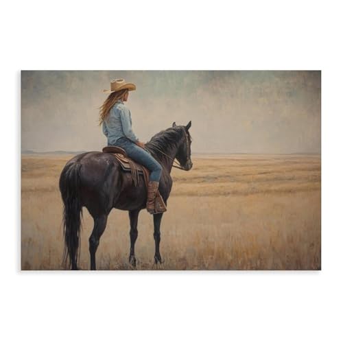 Tableau cowgirl vintage dans la prairie pour ambiance de chambre