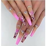 24pcs Nude Purple Flower Ballerina Diamond Long Glossy Coffin Fake Nails Press on Nail False Tips Ma