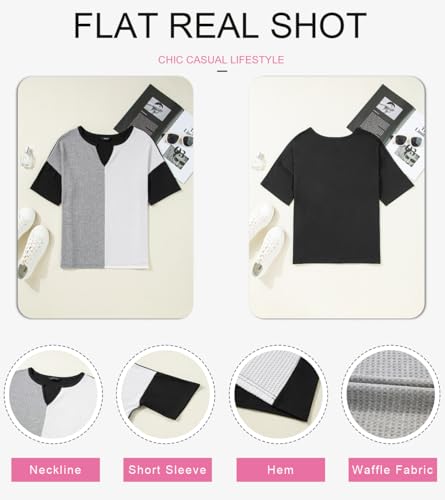 Dokotoo Business Casual Tops for Women Fashion 2026 Half Bell Sleeve Summer Waffle Knit Tops Patchwork Ladies Oversized Business Outfits Lightweight Henley Shirts Grey XX-Large
