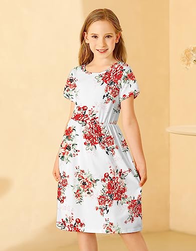 21Kids Girls Floral Casual Short Sleeve Short Dress Maxi Dress With Pockets, White,12 Years #TOP3