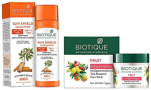 Biotique Bio Sandalwood 50+ SPF UVA/UVB Sunscreen Ultra Soothing Face Lotion, 120 ml And Biotique Bio Fruit Whitening And Depigmentation & Tan Removal Face Pack, 75g
