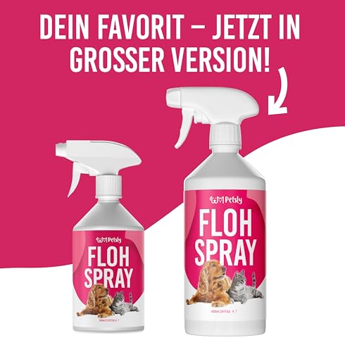 Petsly® Flohmittel Katzen, Hunde & Textilien -1L- Nicht färbend - Flohspray für Wohnung und Möbel - Langzeitschutz - mit natürlichen ätherischen Ölen wie Citronella- & Geraniol-Öl