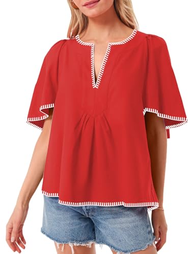 HOULENGS Women's Casual Ruffle Short Sleeve Tops 2025 Summer V Neck Pleated Blouses Loose Business Work Shirts