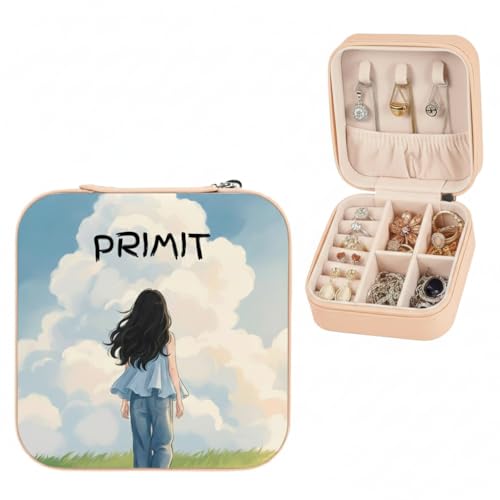 Image of PRIMIT Personalized Jewelry Box with Name & Birth Flower - Custom Travel Jewelry Organizer Case - Bridesmaid, Birthday, Christmas Gift for Women & Girls (Sky Girl)