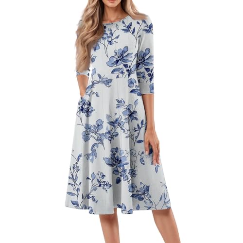 Vestido floral bohemio para mujer, manga 3/4, de verano, fruncido, por debajo de la rodilla, para vacaciones, con bolsillo, de algodón, gris, XL